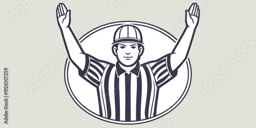 American football referee signaling a touchdown or score with raised arms in a circle emblem, vintage style