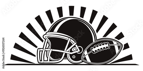 American football helmet and ball with radiating lines, symbol for victory and excitement in sports