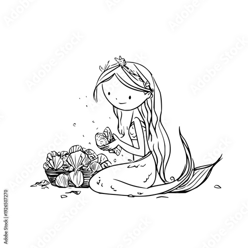 Mermaid sitting with seashells holding shell surrounded by ocean treasures whimsical illustration
