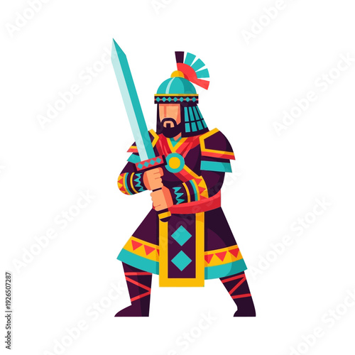 Ancient Warrior with Sword, Medieval Knight, Fantasy Hero, Historical Soldier Illustration