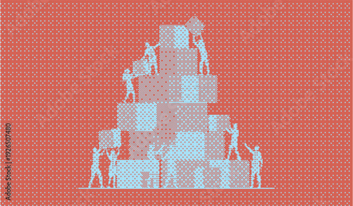 Teamwork and collaboration: Tiny pixelated figures building a large tower of blocks against a red background.