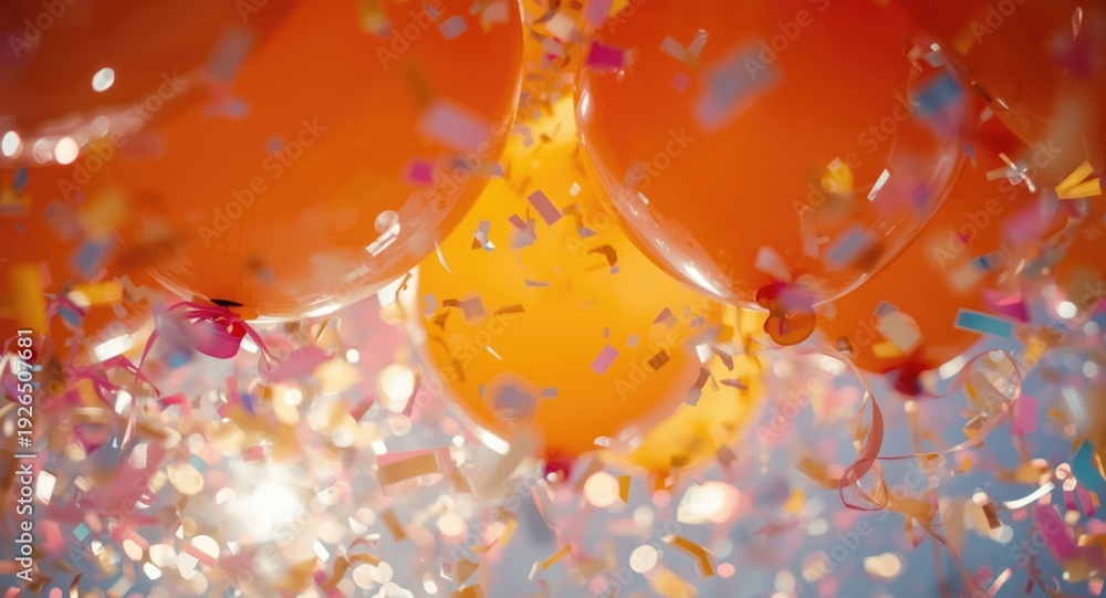 Fototapeta premium Bright orange balloons drifting upward surrounded by luminous confetti in a festive mood