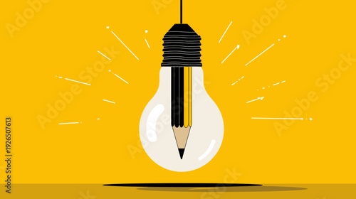 A stylized lightbulb with a pencil inside emitting rays of light. Flat design, yellow background