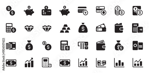 Comprehensive economy and commerce icon pack with money bags financial growth and banking symbols