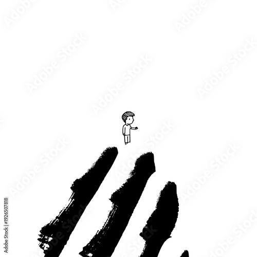 A small person stands on giant handprint with black ink smudges on white background symbolizing powerlessness or oppression