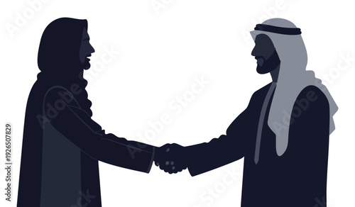 Business handshake between two men, one in traditional Arab attire, symbolizing international deal.