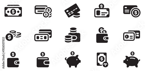 Set of financial icons including wallets, credit cards, coins, and piggy banks representing payment