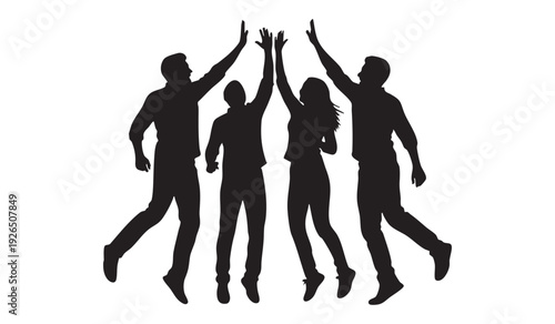 Diverse group of four people in silhouette celebrating success with high fives, jumping joyfully.