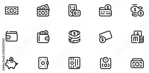 Set of line art financial icons including wallets, credit cards, coins, and piggy banks for payment