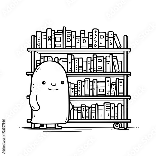 Smiling cartoon character standing beside a rolling bookshelf filled with various books