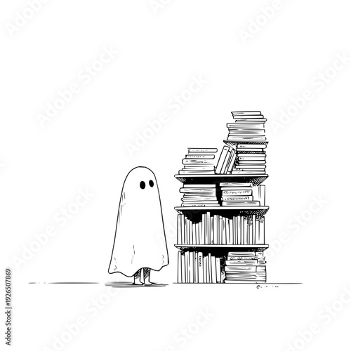 A curious ghost stands beside a towering stack of books in a simple black and white illustration