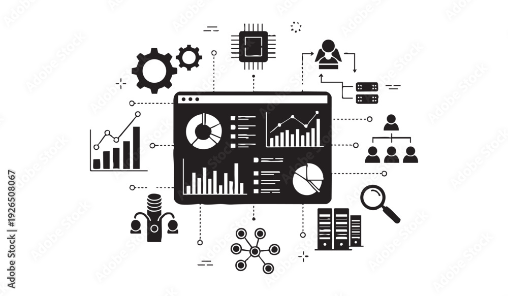Obraz premium Data analysis and business intelligence dashboard with charts, graphs, and organizational chart.