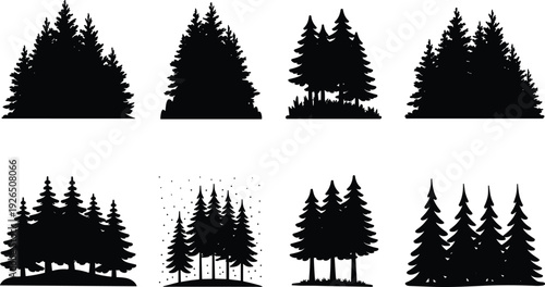 Black silhouettes of pine trees in various arrangements