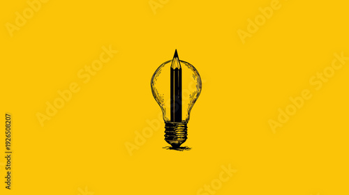 Black sketched lightbulb with pencil core against yellow background, representing creativity