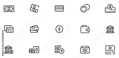 Set of line art financial icons including banknotes, credit cards, coins, wallets, and banks