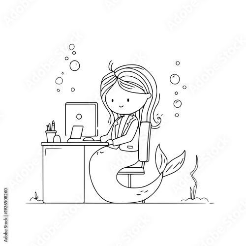 Mermaid cartoon character working on computer at underwater office desk with bubbles