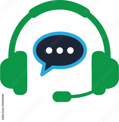Customer Support Headset with Chat Bubble Icon Illustration, Online Communication Helpdesk and Call Center Service Concept in Flat Vector Style
