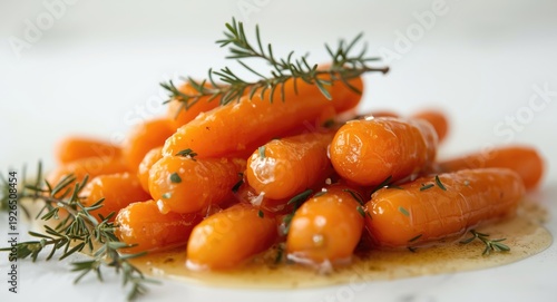 Upscale close view of sweet honey glazed baby carrots decorated with fresh thyme and dill