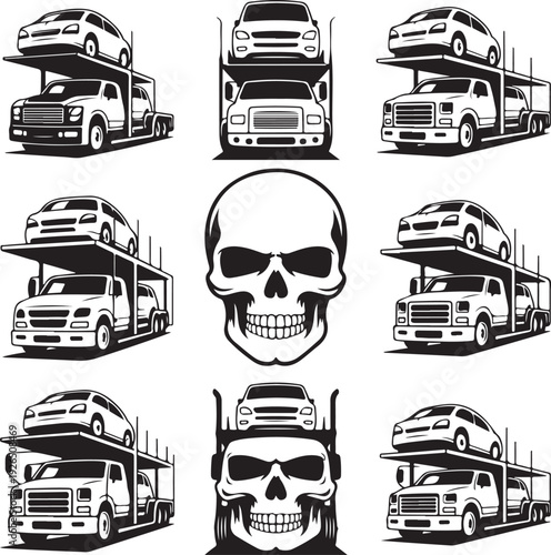 car carrier truck transporting vehicles with skull illustration