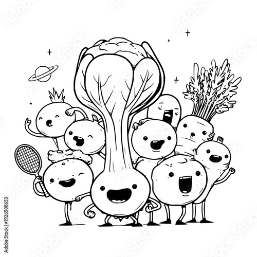 Cartoon vegetables and smiling characters in a joyful scene with planet and stars