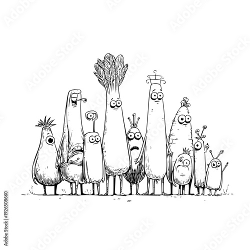 A group of anthropomorphic vegetables with expressive faces standing together in a line illustrated in a playful cartoon style with black outlines on a white background