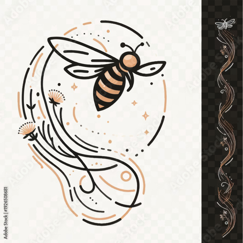 Bee Illustration with Floral Elements.