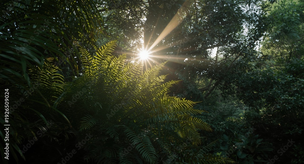 Fototapeta premium Sunlight penetrating layered fern fronds in dense jungle