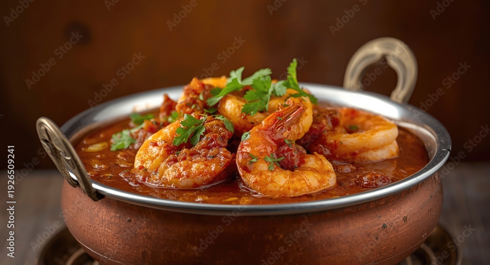 Fototapeta premium Savory Madras style prawn curry simmered with tomatoes