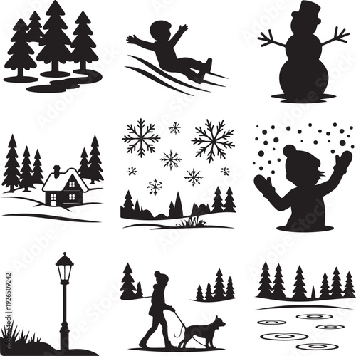 Black silhouettes of winter scenery and activities on white background