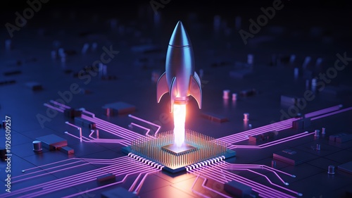 Futuristic rocket launching from AI microchip, digital innovation and startup acceleration concept, artificial intelligence technology, data computing power, sci-fi background