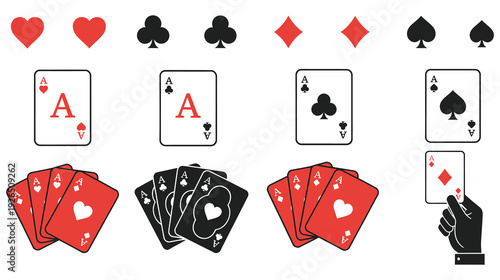 Illustrations of playing cards including suits and hands