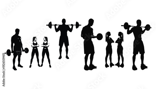 Silhouettes of people exercising and weightlifting in a fitness setting
