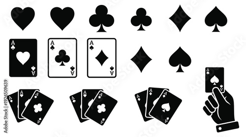 A collection of playing card symbols and icons displayed in black and white