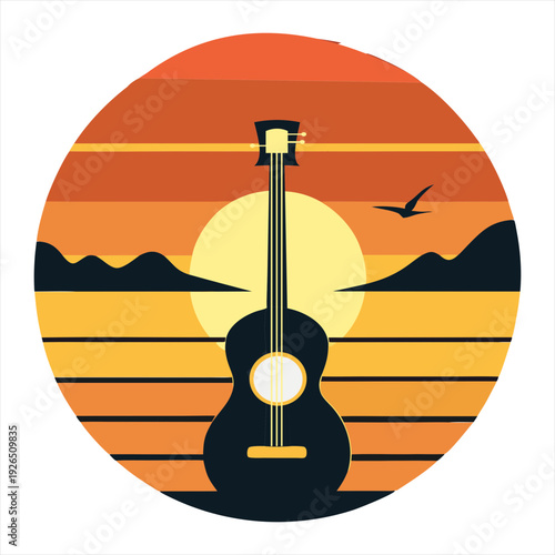 Tropical sunset silhouette illustration with guitar