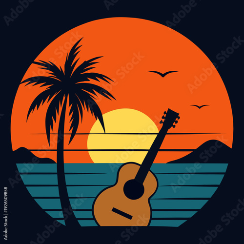 Tropical sunset silhouette illustration with guitar