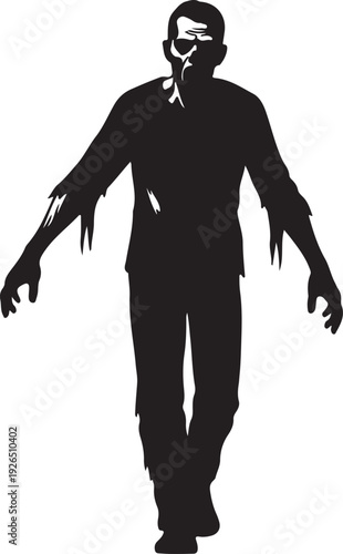 Silhouette of a zombie walking forward with tattered clothes and outstretched arms, ideal for horror and Halloween concepts.