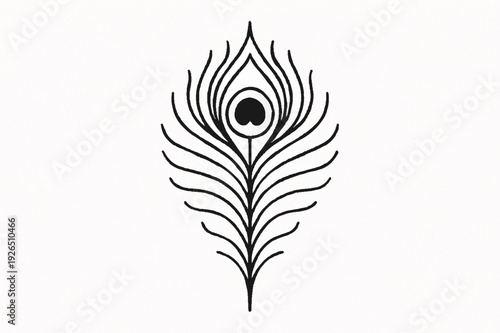 Minimalist Black Line Art Peacock Feather Illustration on White Background