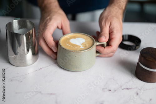 Barista Pouring Coffee With Beautiful Heart Latte Art At Home