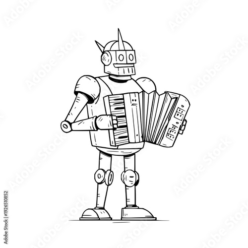 Vintage robot illustration playing accordion black and white line art retro futuristic character design nostalgic mechanical musician concept detailed vector graphic