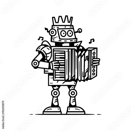 A cheerful robot wearing a crown plays an accordion with musical notes floating around it on a white background