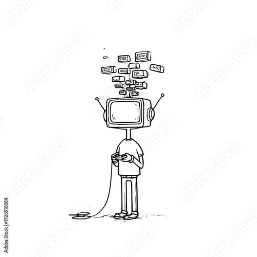Man with television head holding remote control surrounded by floating credit cards simple line drawing white background financial stress concept