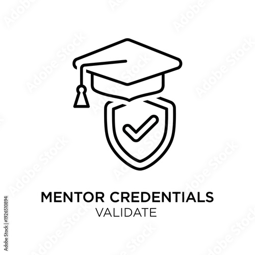 Graduation cap and shield with check mark mentor credentials validation icon