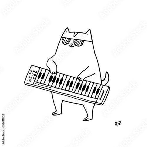 Cool cat wearing sunglasses plays synthesizer keyboard in simple black and white illustration with minimalist style