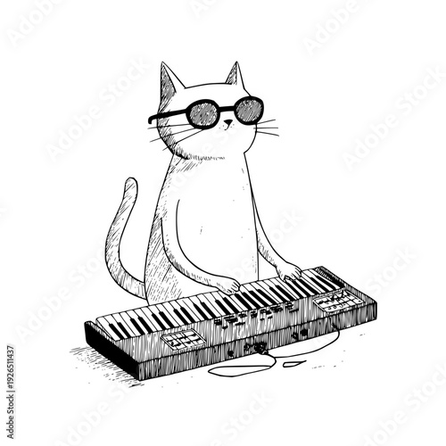 Cool cat wearing sunglasses plays synthesizer keyboard in a minimalist black and white illustration with creative shadows and simple background