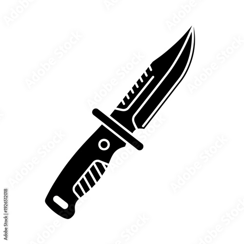 Black tactical knife icon, isolated on white background. Sharp blade, combat weapon.