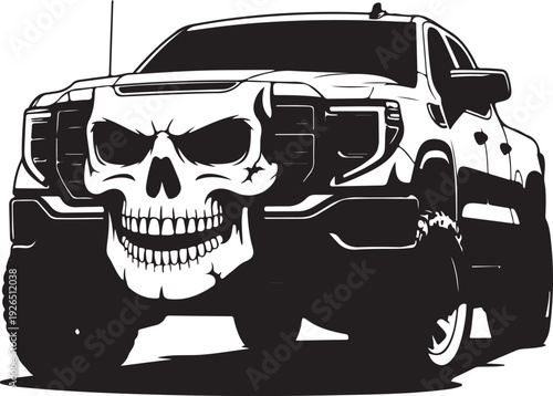 Illustration of a pickup truck with skull on the front grille