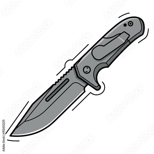 Gray folding knife illustration with serrated edge and clip