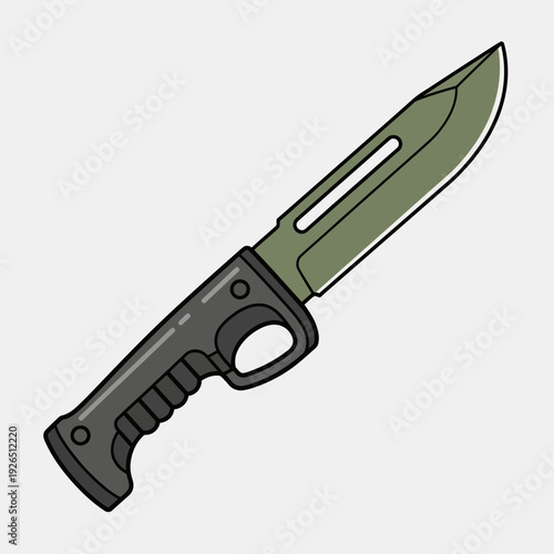 Green military knife with black handle, isolated on white background