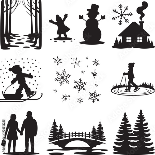 Black silhouettes of winter scenes and activities on white background