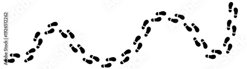 Trail of black shoe footprints following a curved path for represent tracking, search, or a winding journey